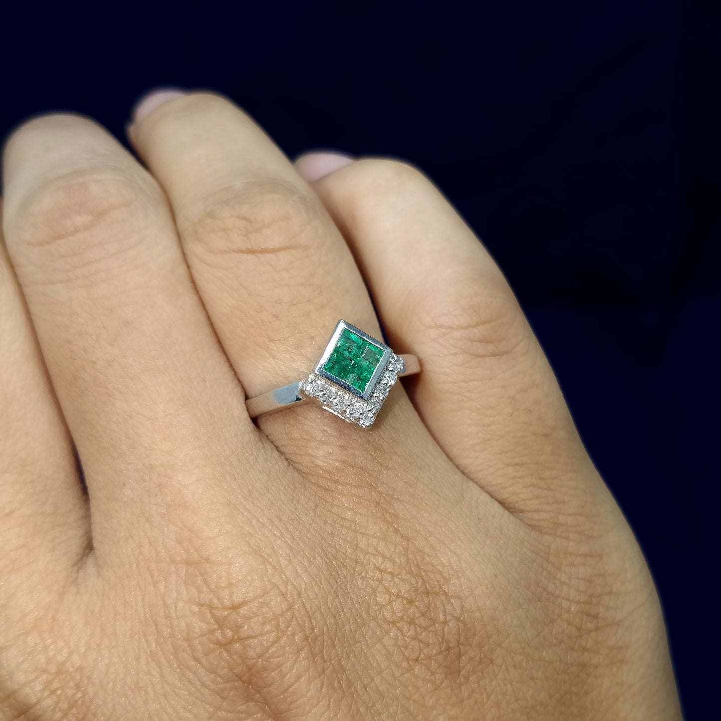 Natural Emerald & Diamond Ring 925 Sterling Silver Square Cut Gemstone Ring Wedding Gift for Her