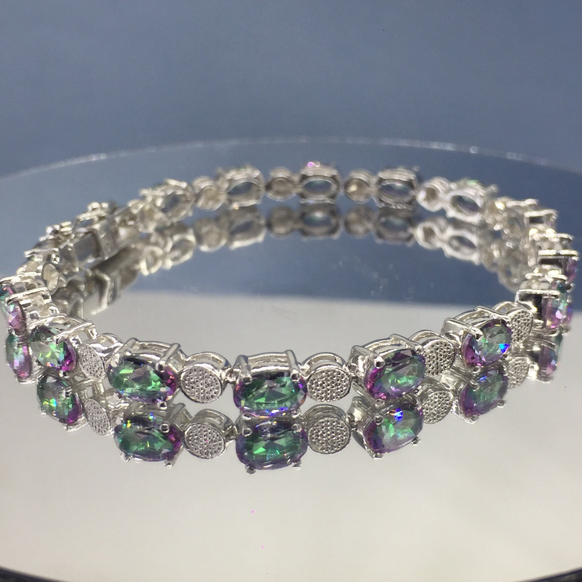 Mystic Quartz Oval Faceted Sterling Silver Bracelet, Rainbow Gemstone Jewelry