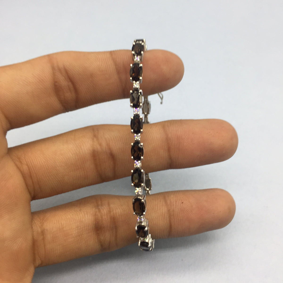 Sterling Silver Smoky Quartz Oval Bracelet – Prong Setting Brown Gemstone