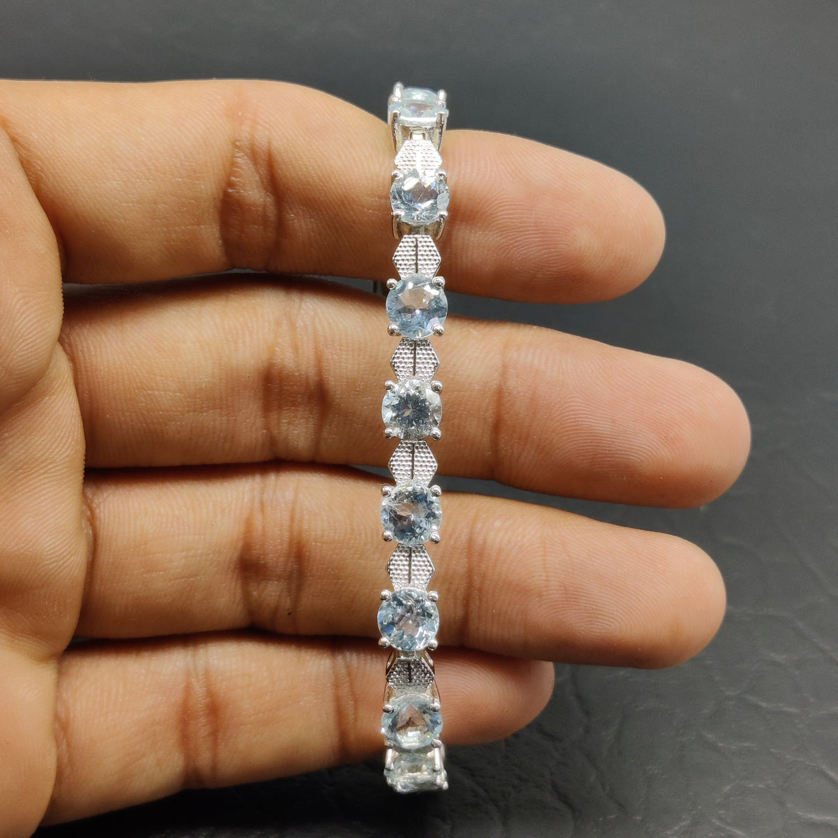 Natural Aquamarine Round Cut Tennis Bracelet, 925 Sterling Silver, Blue Gemstone Jewelry