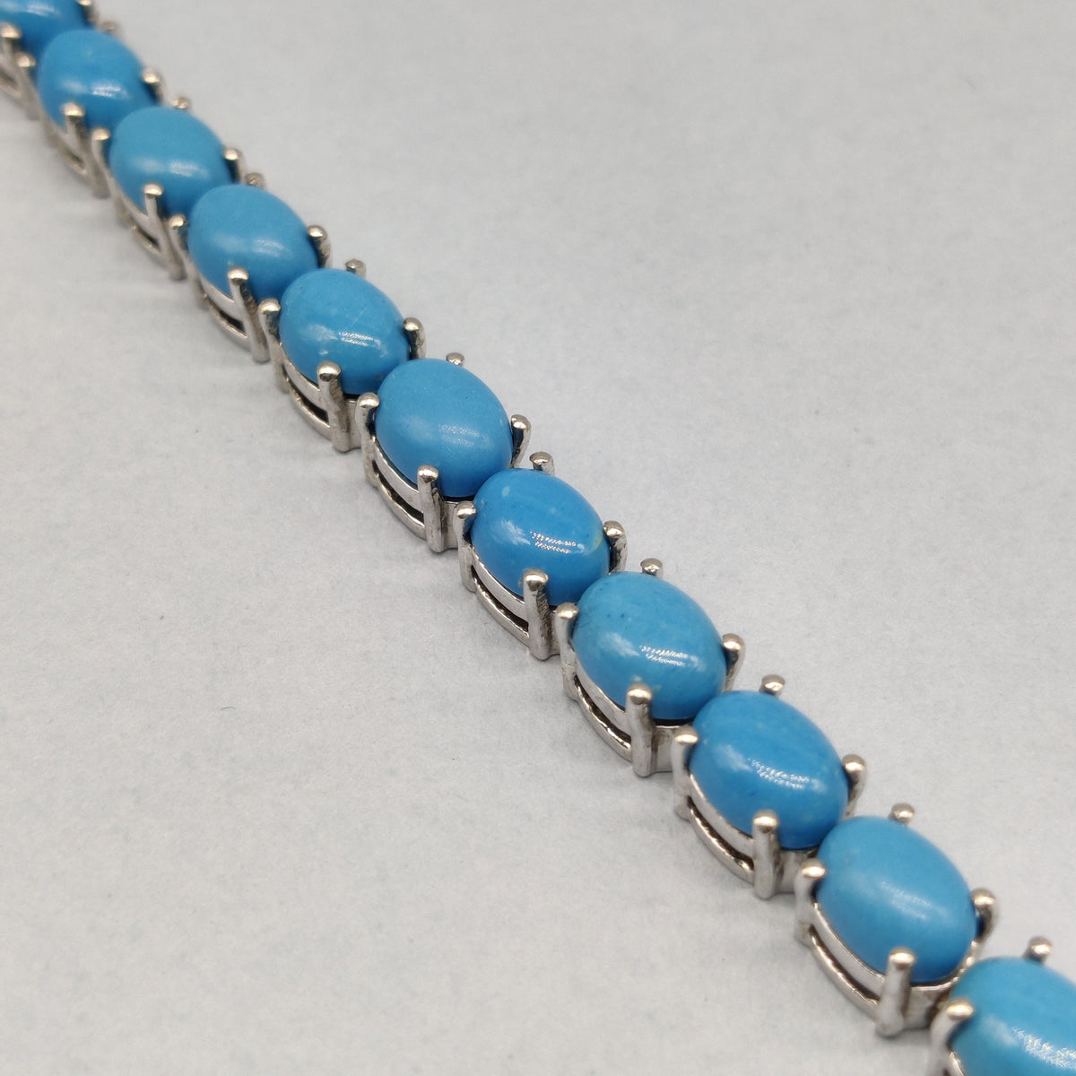 Sterling Silver Oval Turquoise Tennis Bracelet, Vintage Style Blue Gemstone Links
