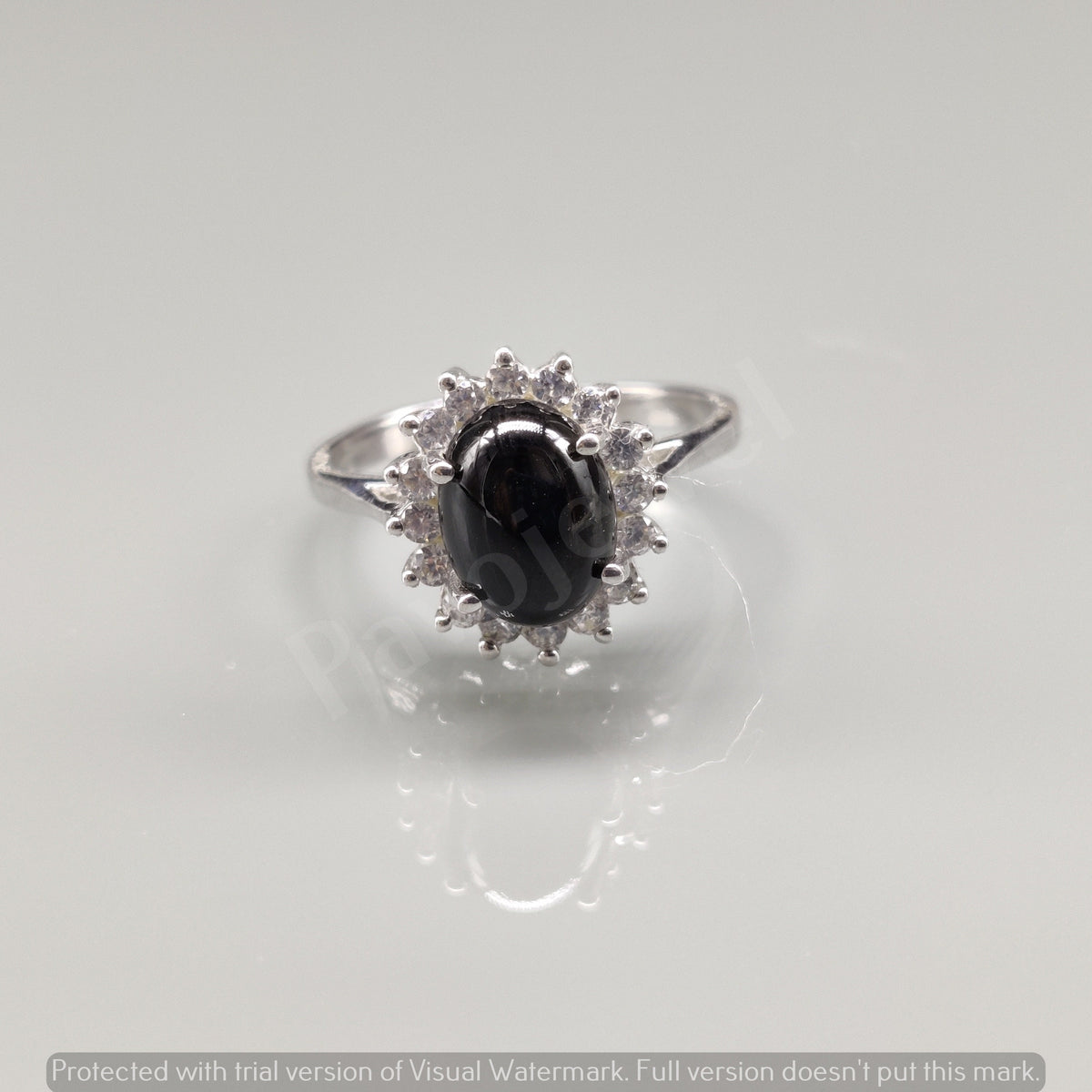 Sterling Silver Black Star Oval Ring with Cubic Zircon Accent