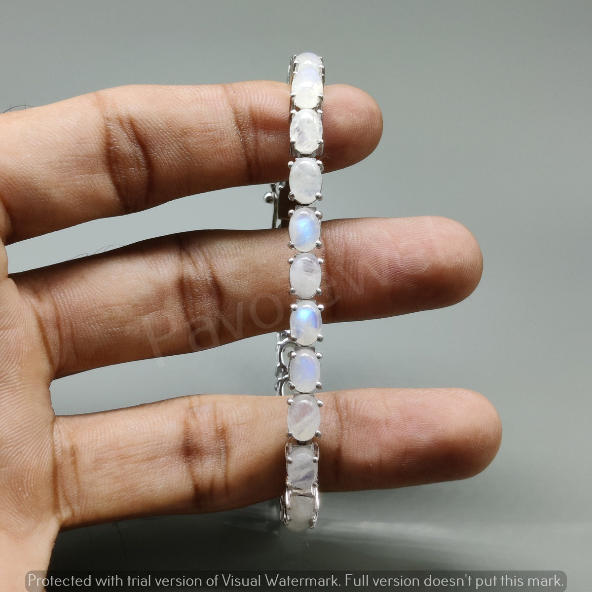 Oval Rainbow Moonstone Sterling Silver Tennis Bracelet, Blue Fire Gemstone