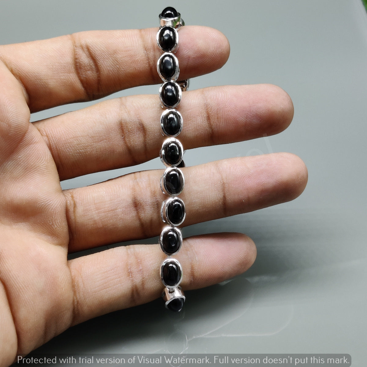 Natural Black Star Oval Cabochon Sterling Silver Bracelet, Tennis Style