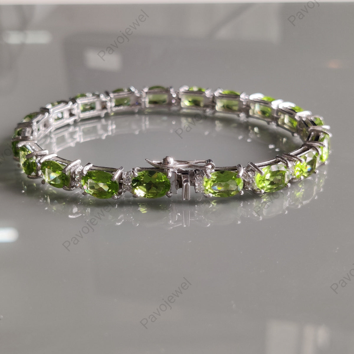 Natural Peridot Oval Faceted Gemstone Bracelet, Sterling Silver, Green Peridot Jewelry