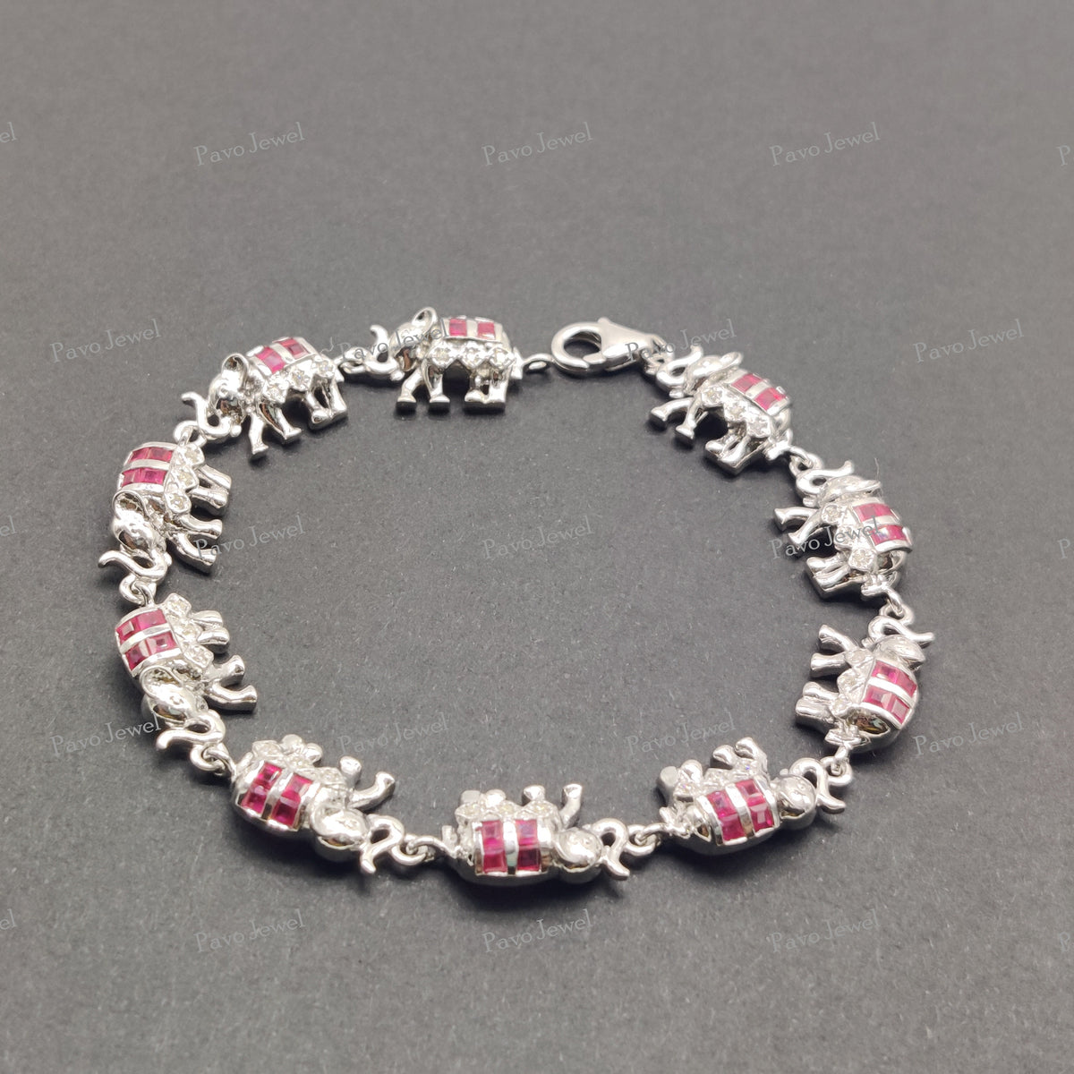 Ruby Elephant 925 Sterling Silver Bracelet, Red Gemstone