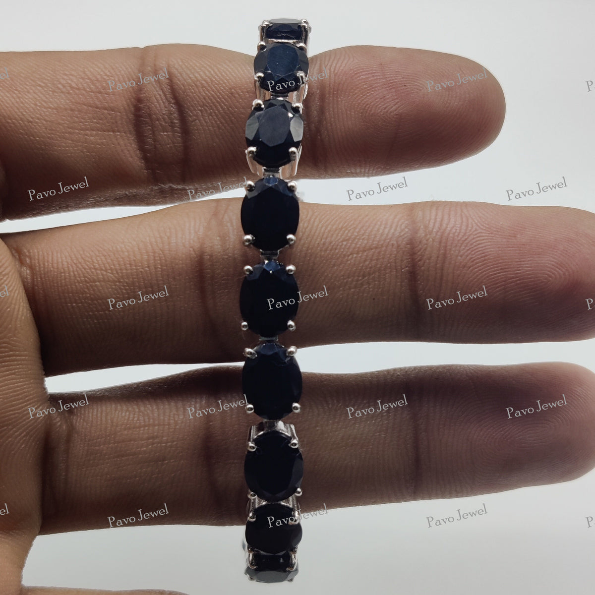 Natural Black Onyx Tennis Bracelet, Oval Cut Gemstone, Sterling Silver