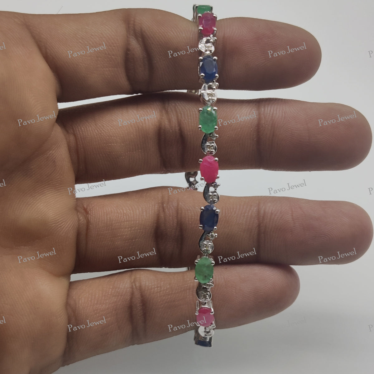 Natural Emerald Ruby Sapphire Bracelet Sterling Silver, Precious Tennis Bracelet