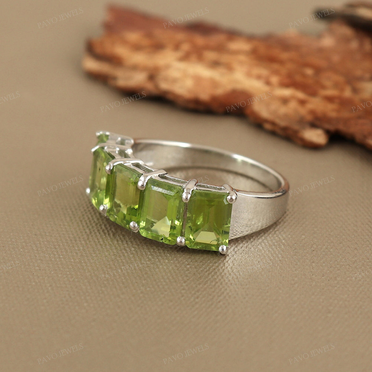 Square Peridot Ring: Sterling Silver Half Eternity Band
