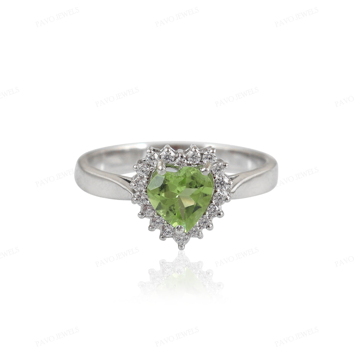 Heart Peridot Ring, CZ Halo, 925 Sterling Silver, Handmade