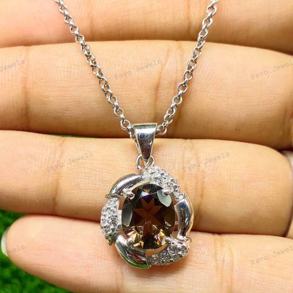 Oval Smoky Quartz Pendant, Sterling Silver Halo CZ Necklace, November Birthstone Jewelry