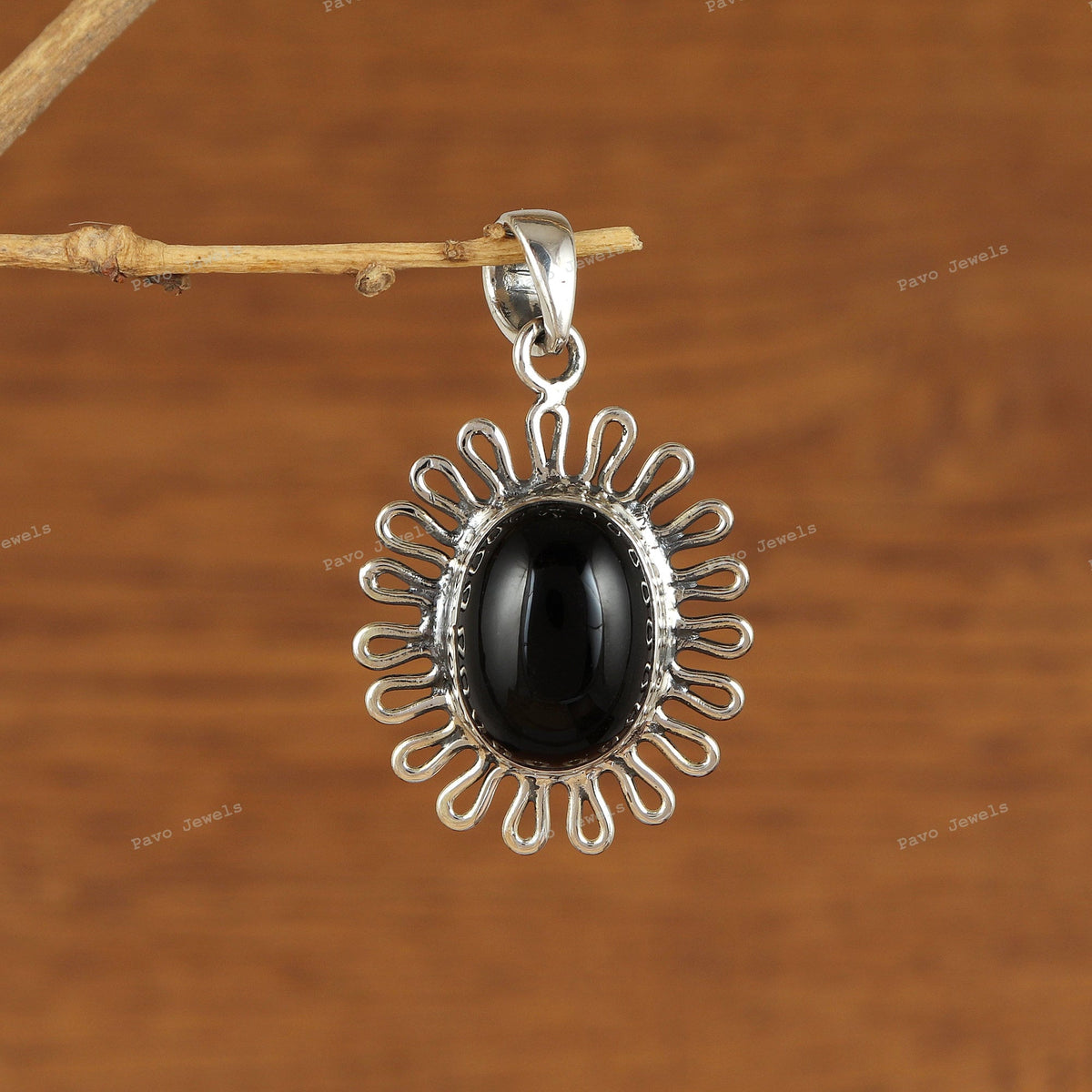 Floral Black Onyx Pendant, Sterling Silver Oval Cabochon