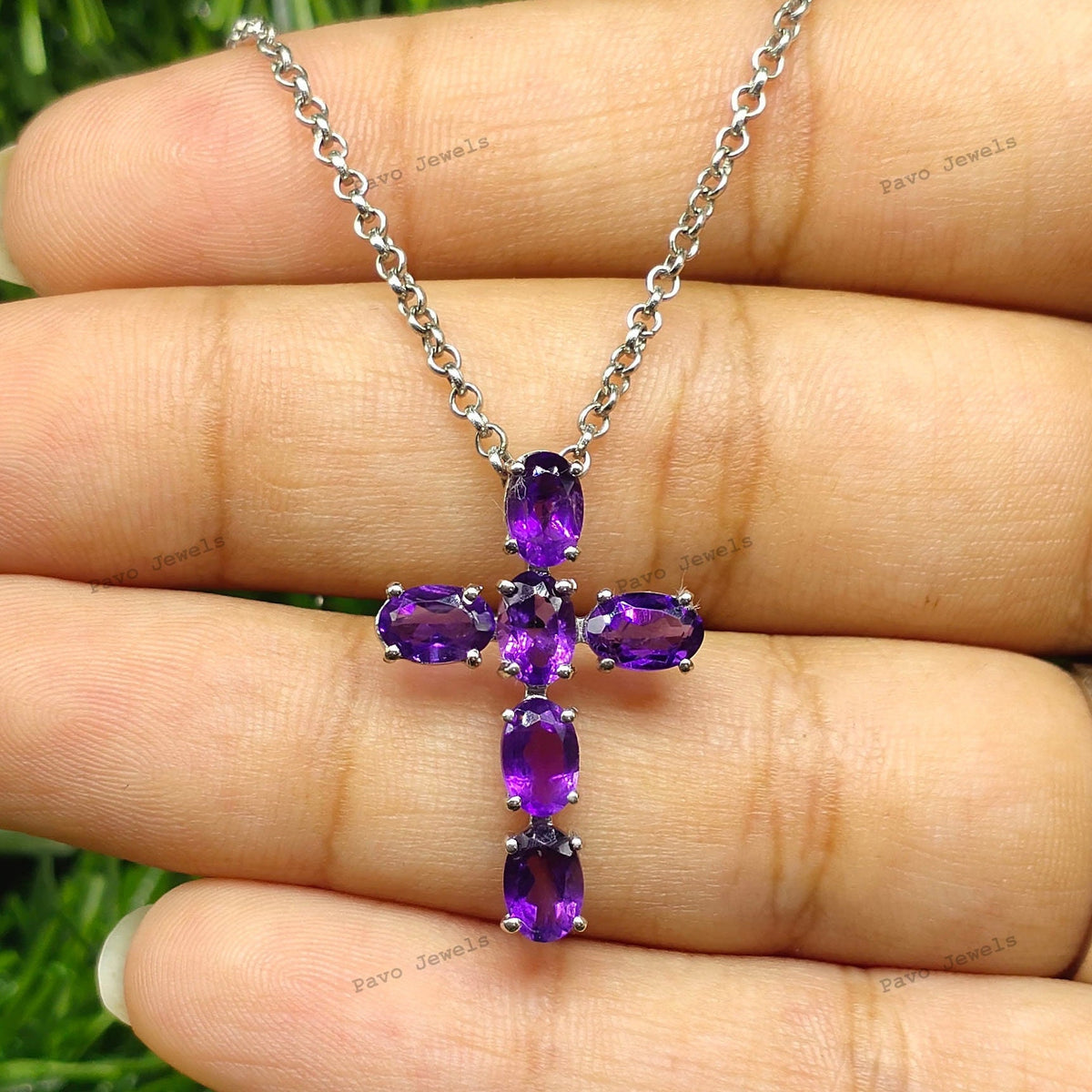 Sterling Silver Amethyst Cross Pendant Necklace, Oval Gemstone Christian Jewelry