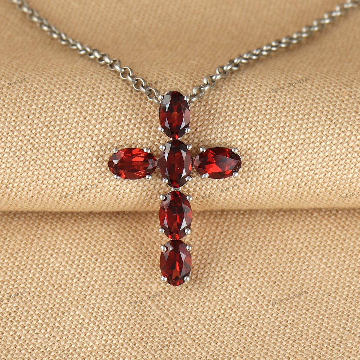 Garnet Cross Pendant: Oval Gemstone, 925 Sterling Silver