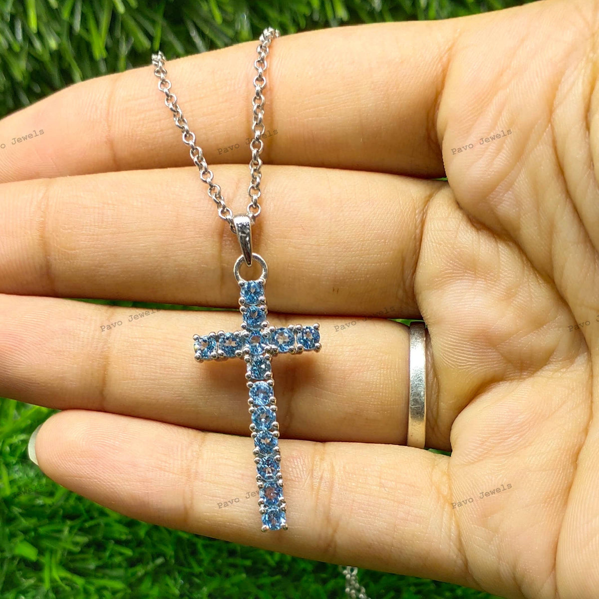 Natural Swiss Blue Topaz Cross Pendant, Sterling Silver, December Birthstone Jewelry