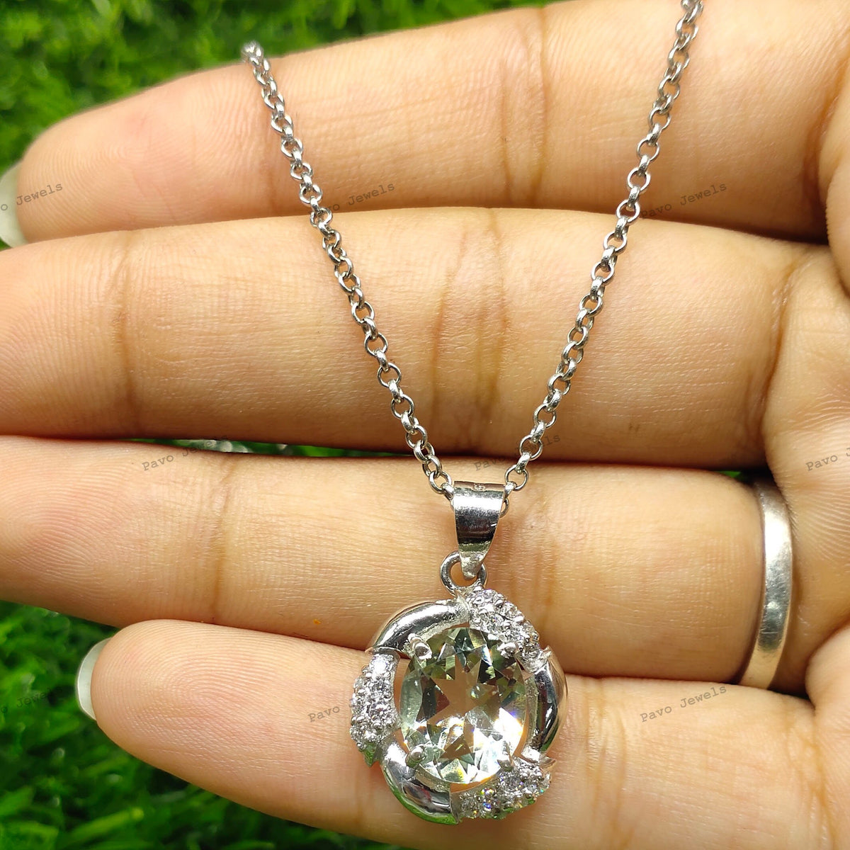 Green Amethyst Pendant Necklace, Sterling Silver, February Birthstone