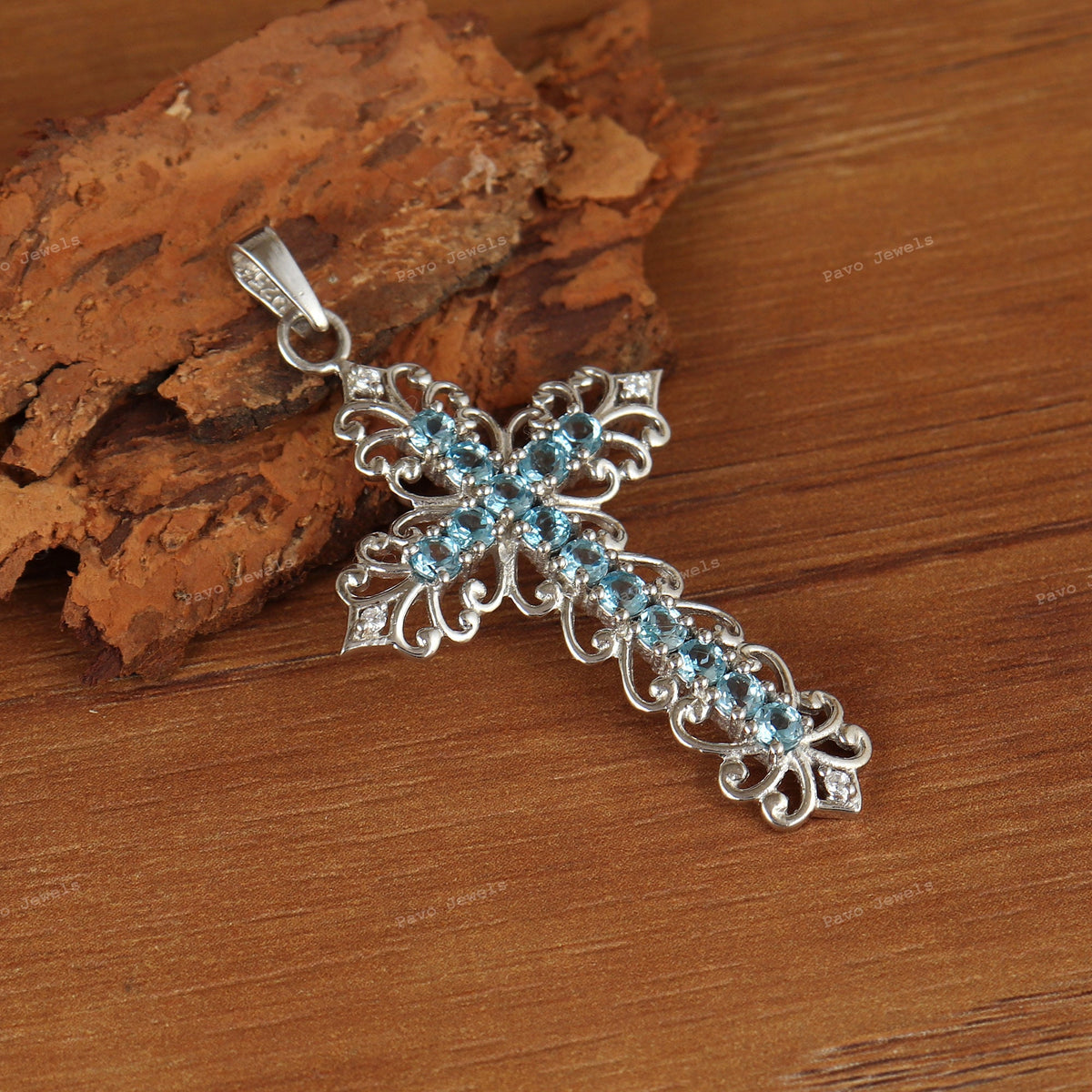 Dainty Swiss Blue Topaz Cross Necklace, 925 Silver Crucifix Pendant, Christian Jewelry