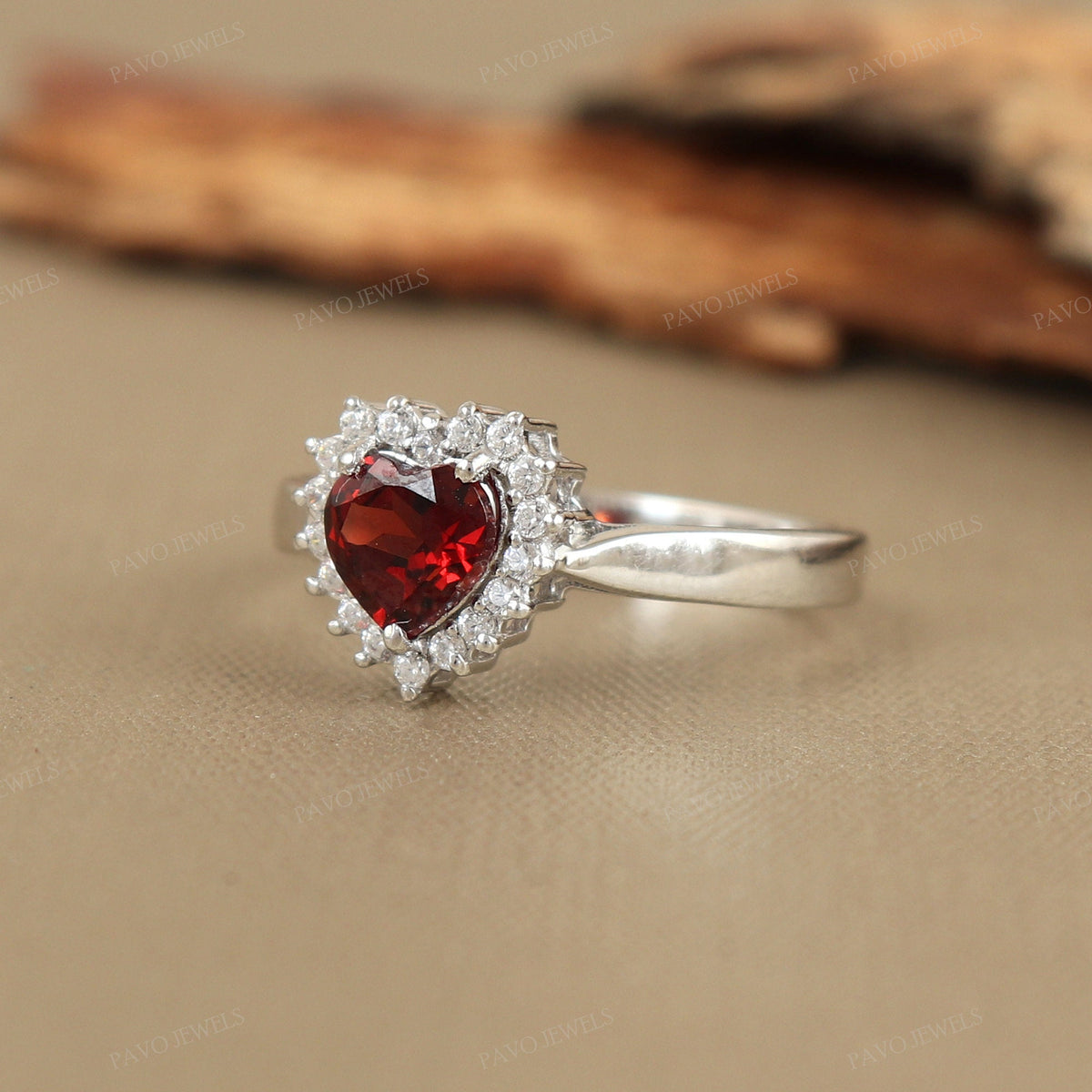 Heart Garnet Sterling Silver Ring: CZ Halo, January Birthstone