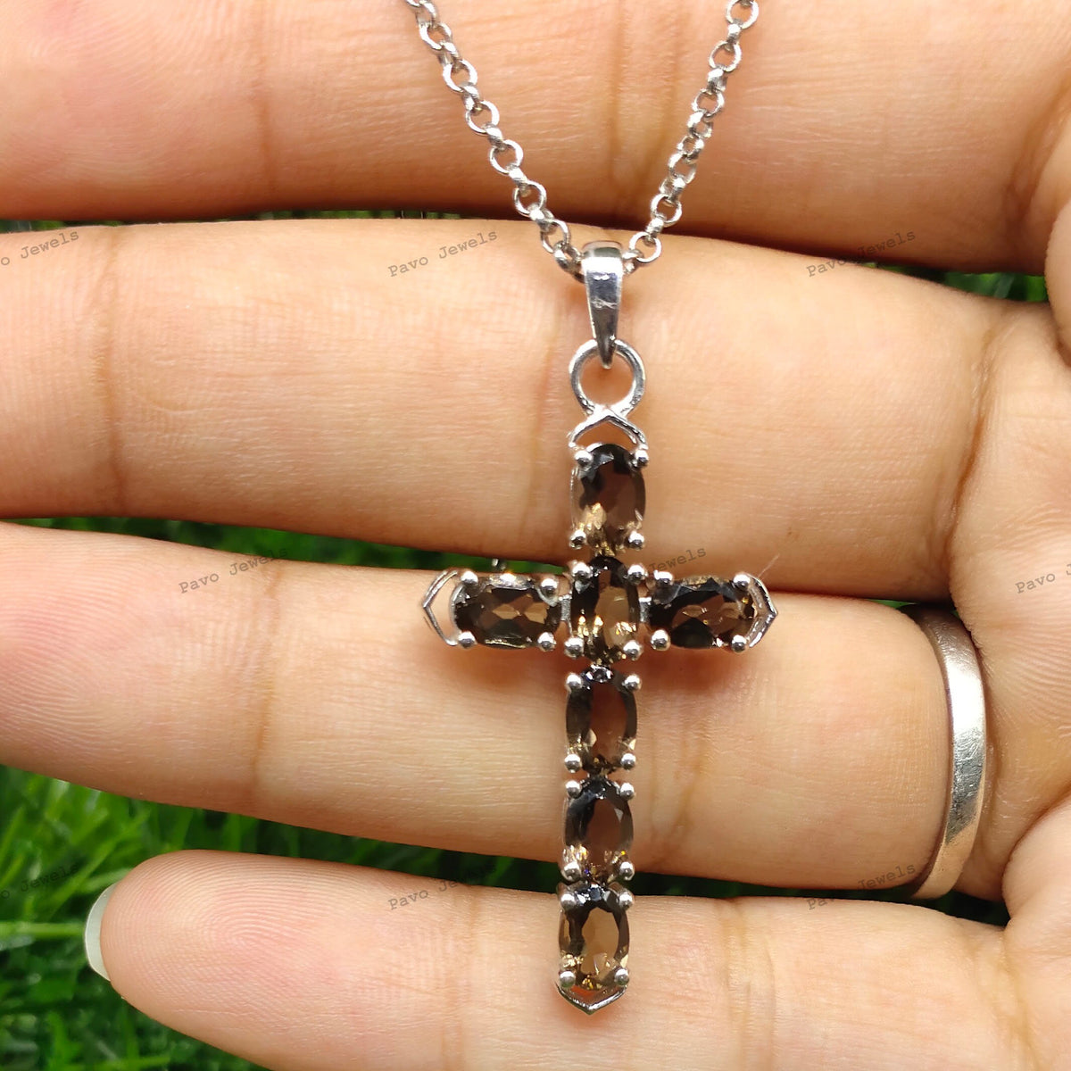 Smoky Quartz Cross Pendant: 925 Sterling Silver November Birthstone