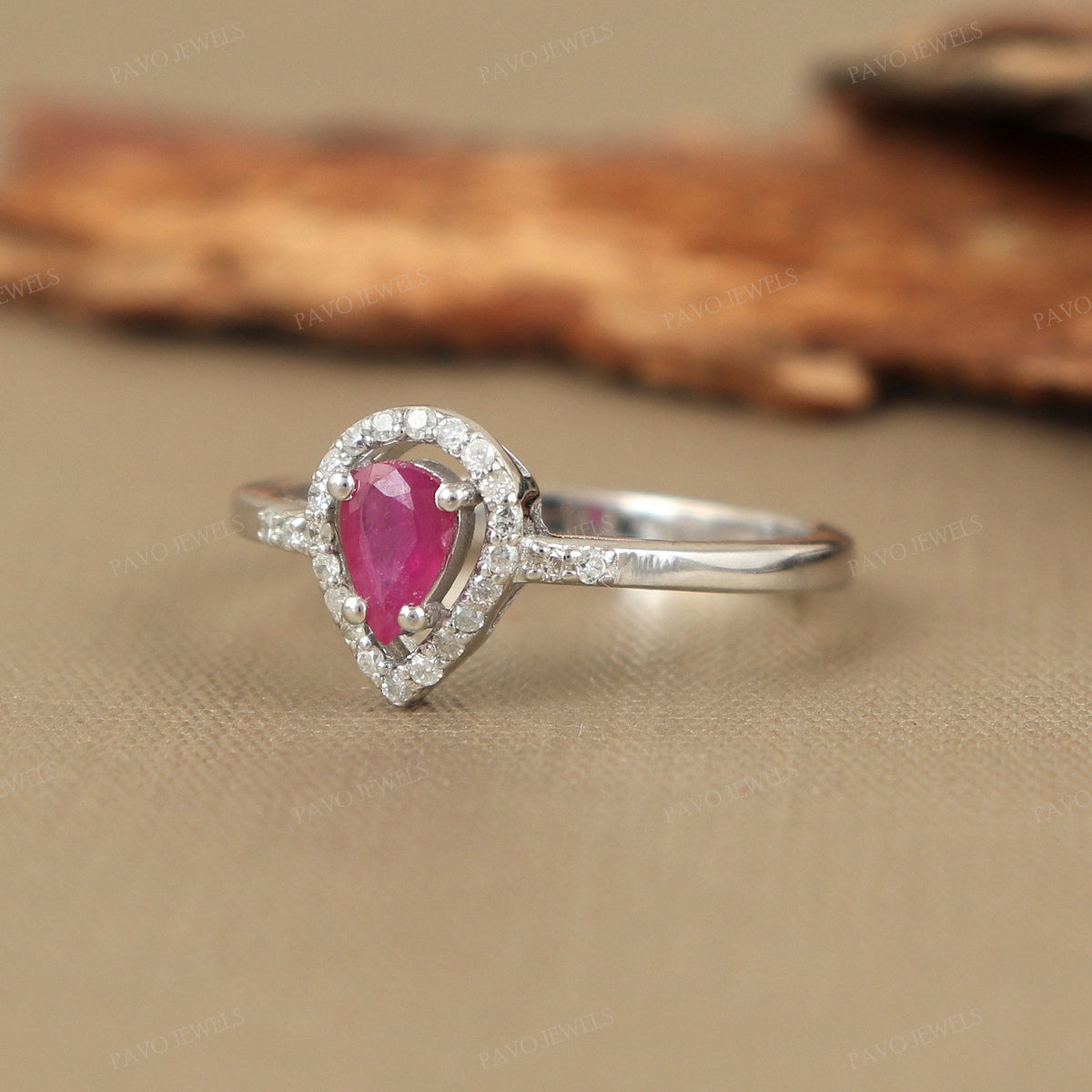 Natural Pear Cut Ruby Ring, Sterling Silver July Birthstone Engagement Ring