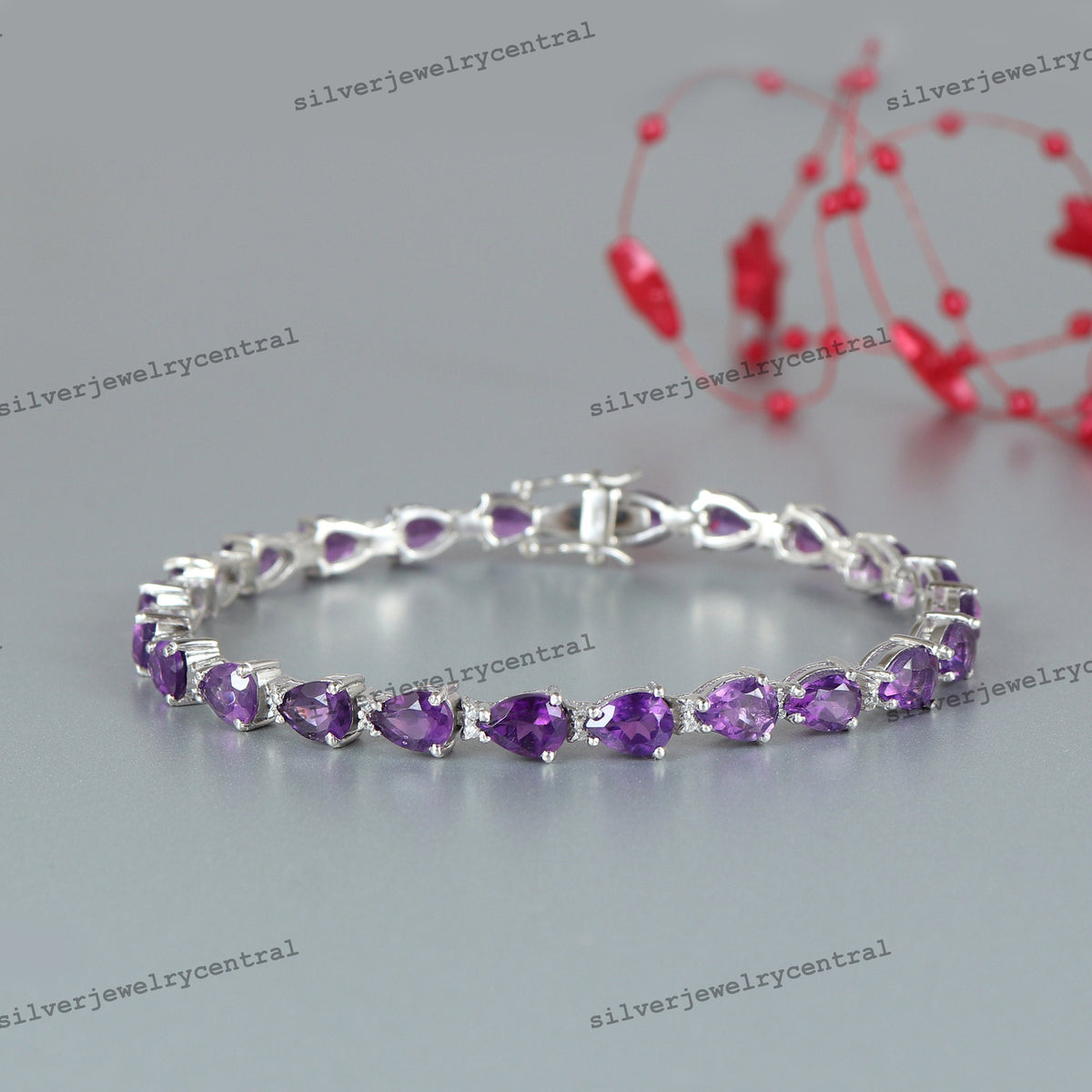 Natural Amethyst Tennis Bracelet-Sterling Silver-Pear Gemstone-February Birthstone