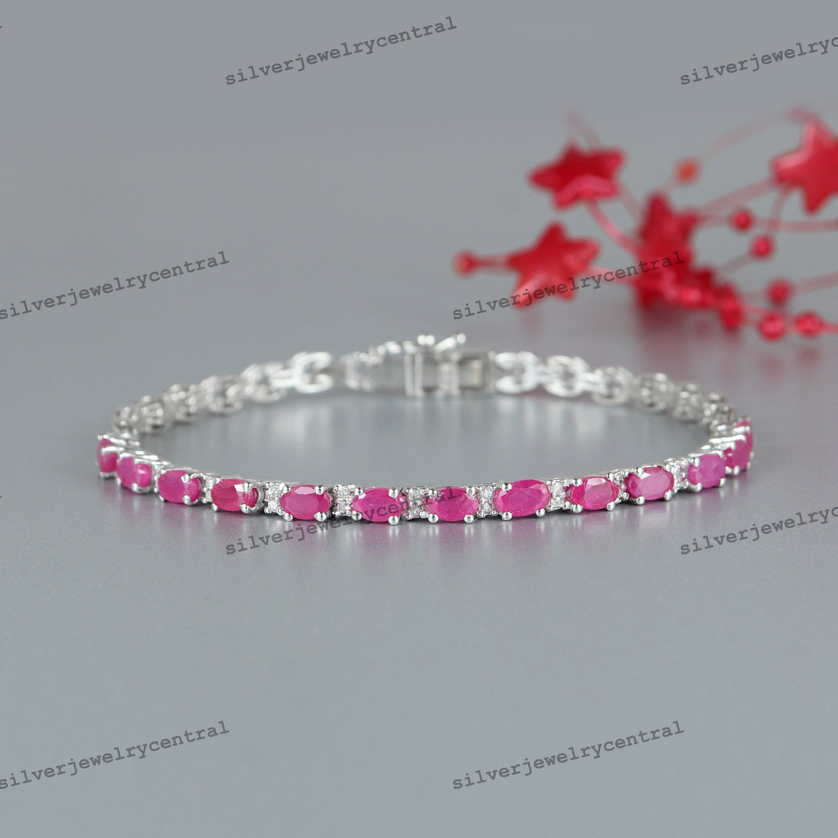 Natural Oval Ruby Diamond Tennis Bracelet, Sterling Silver, July Birthstone