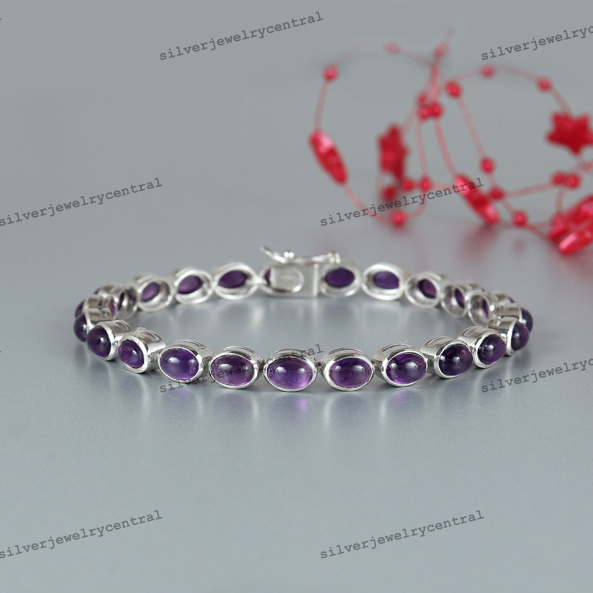 Natural Amethyst Oval Cabochon Bracelet, 925 Sterling Silver, February Birthstone, Wedding Jewelry