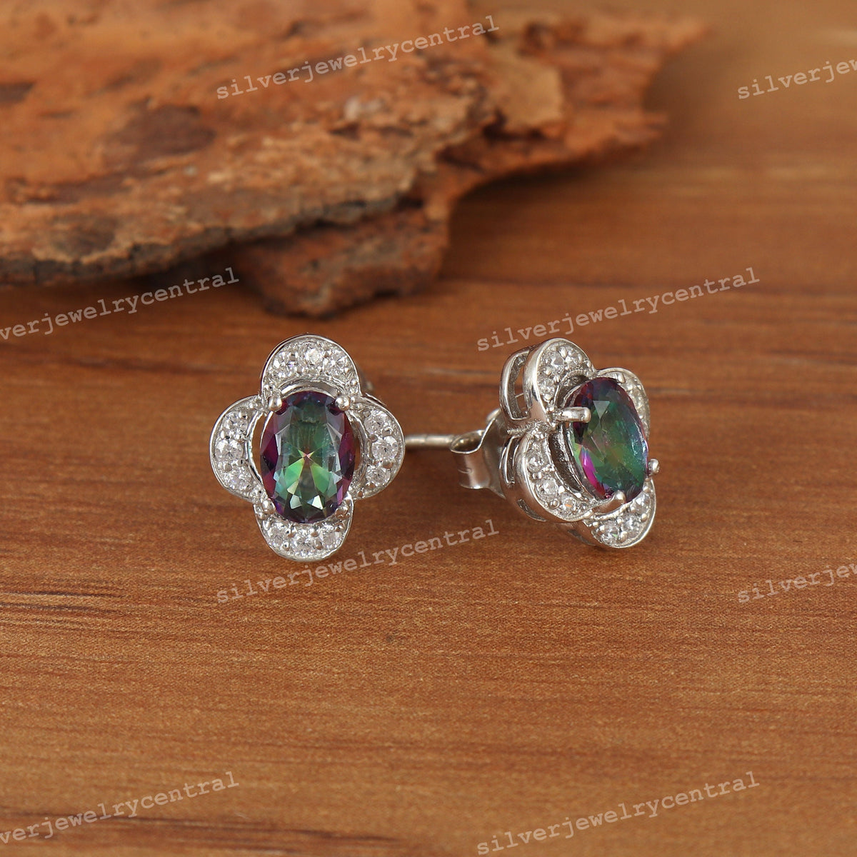 Oval Mystic Topaz Sterling Silver Stud Earrings, November Birthstone Flower Design
