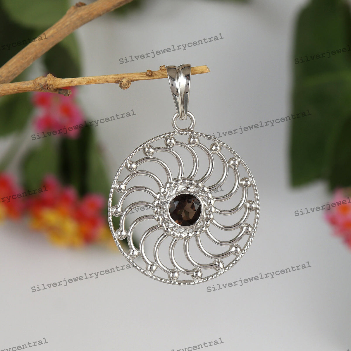 Sterling Silver Multi Stone Pendant Necklace, Amethyst, Rose Quartz, Smoky Quartz
