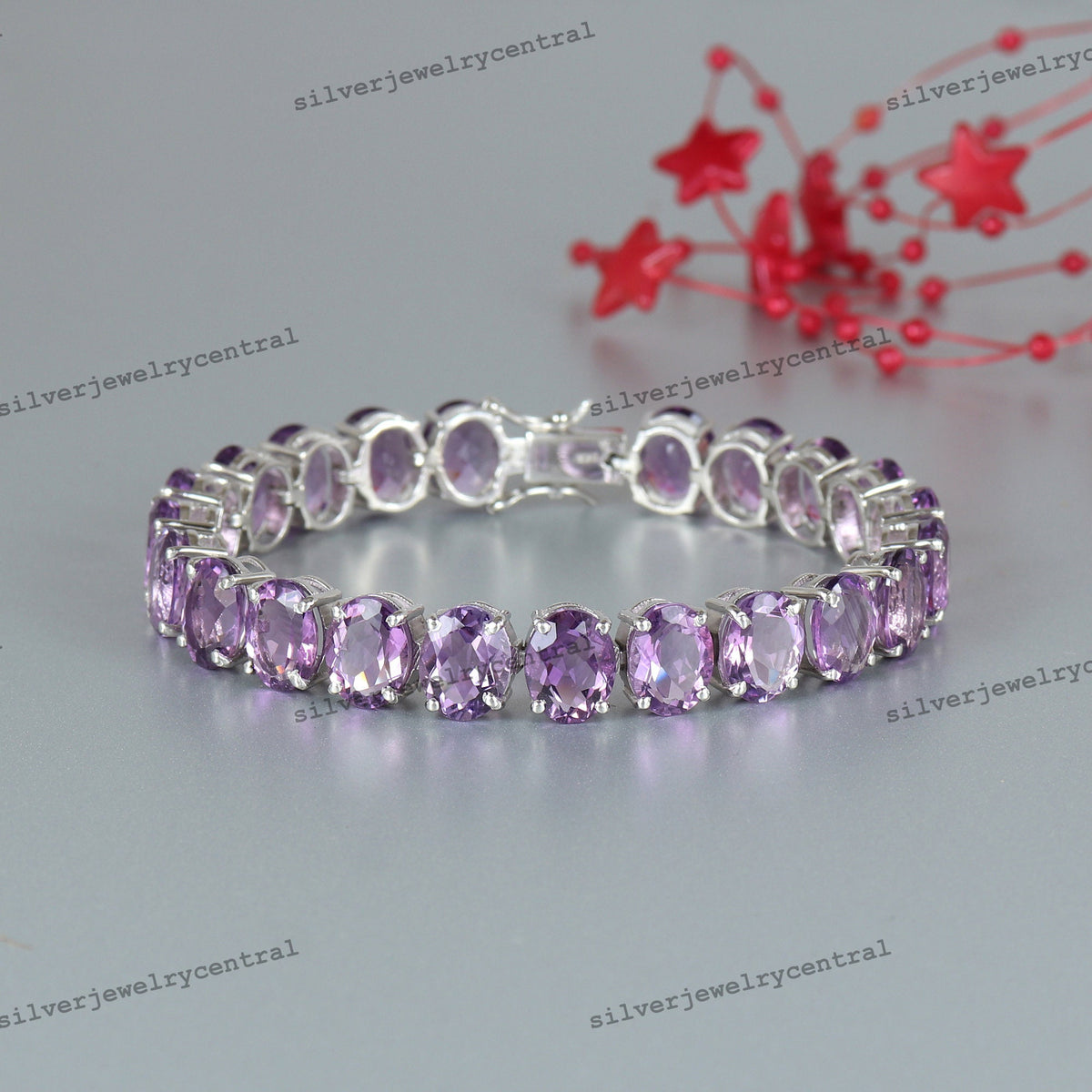Natural Amethyst Oval Tennis Bracelet, Sterling Silver, February Birthstone, Dainty Amethyst Jewelry