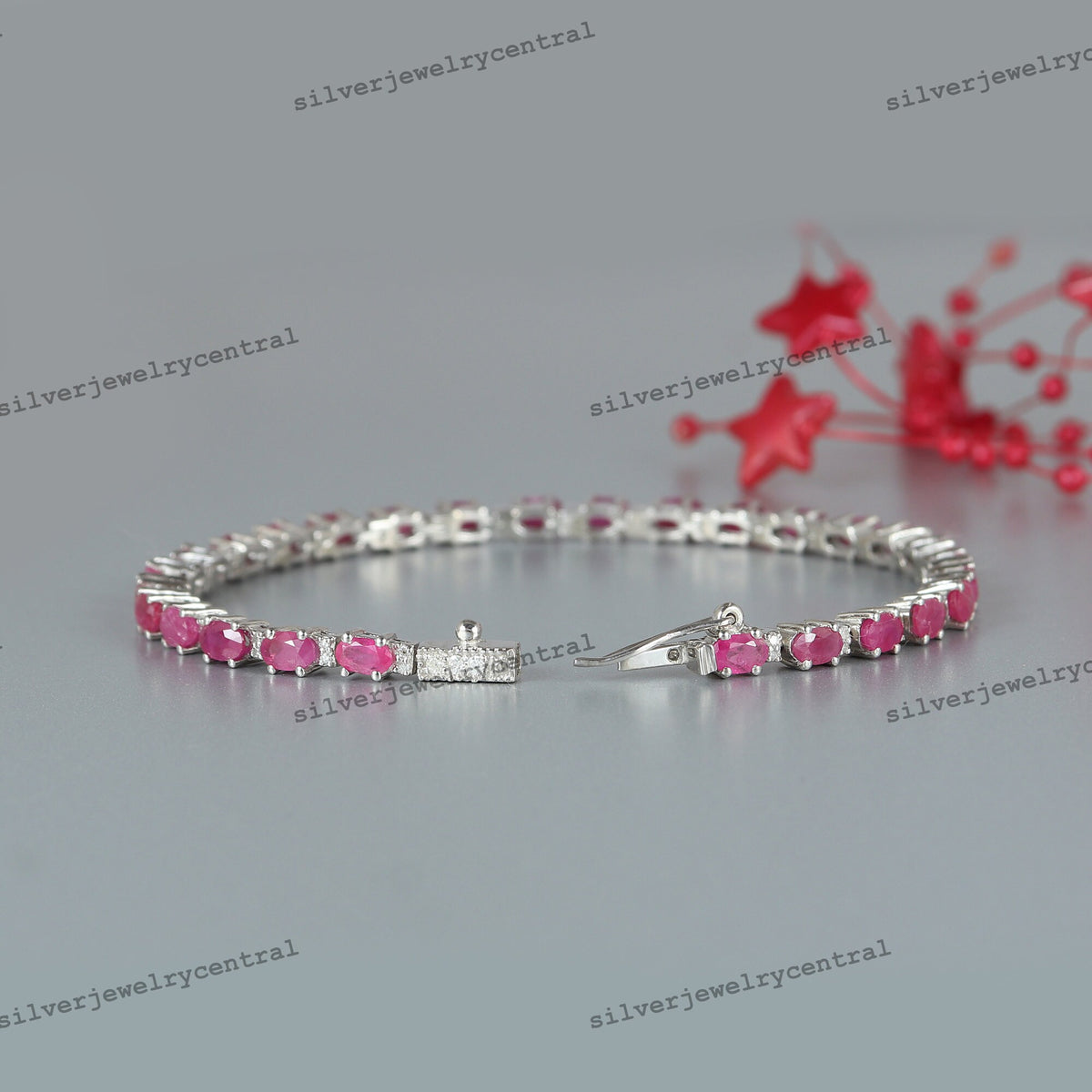 Natural Ruby Tennis Bracelet, Sterling Silver, Oval Cut, July Birthstone, Bridal Jewelry