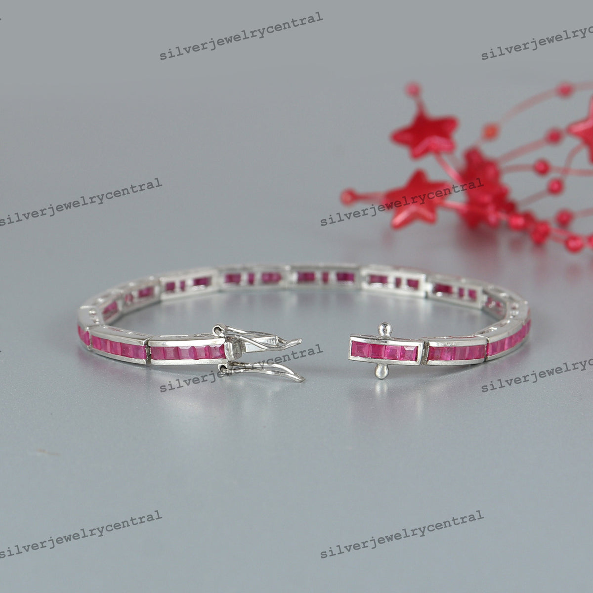 Natural Ruby Square Cut Tennis Bracelet: Sterling Silver, July Birthstone, Red Gemstone