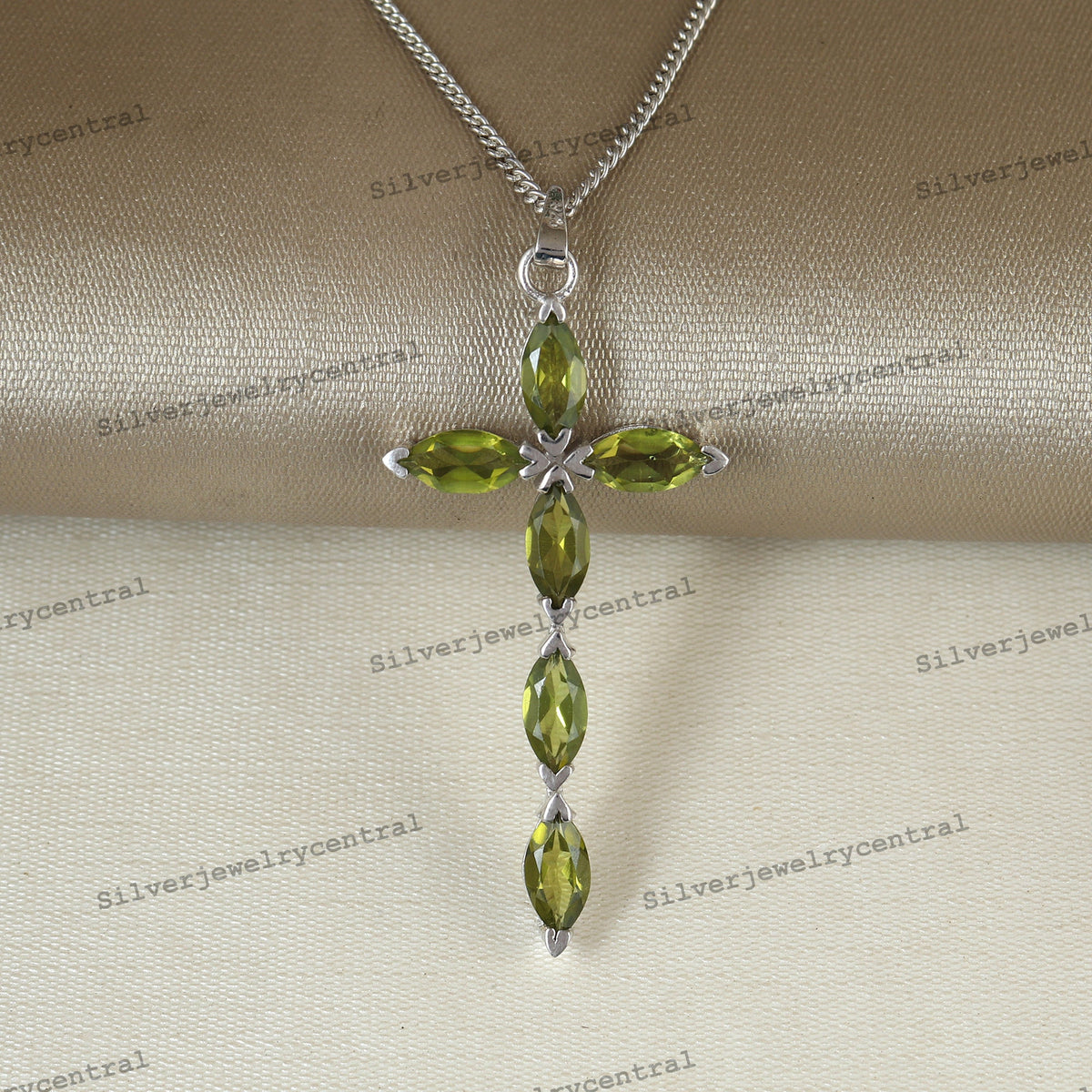 Peridot Cross Pendant, 925 Sterling Silver, Marquise Cut Gemstone, August Birthstone Charm