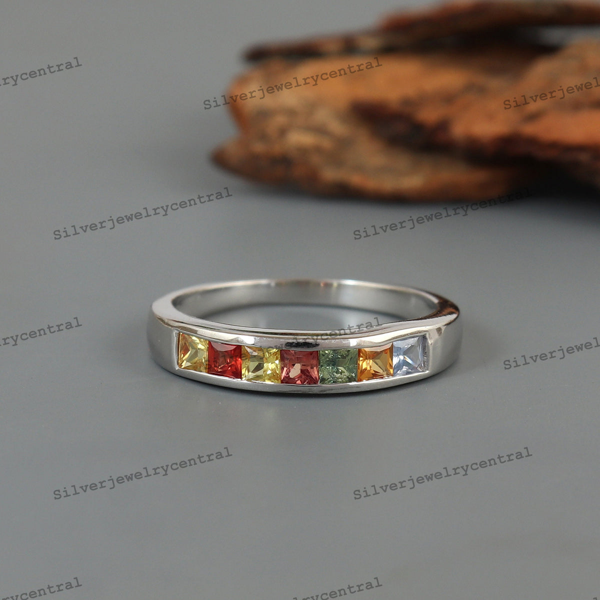 Multi Sapphire Band Ring: Square Gemstone, Sterling Silver Jewelry