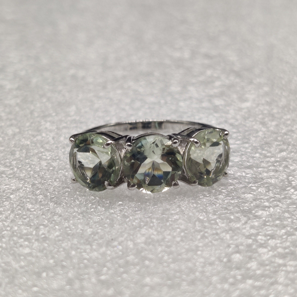 Green Amethyst Sterling Silver Ring: Three Stone February Birthstone, Gift for Her