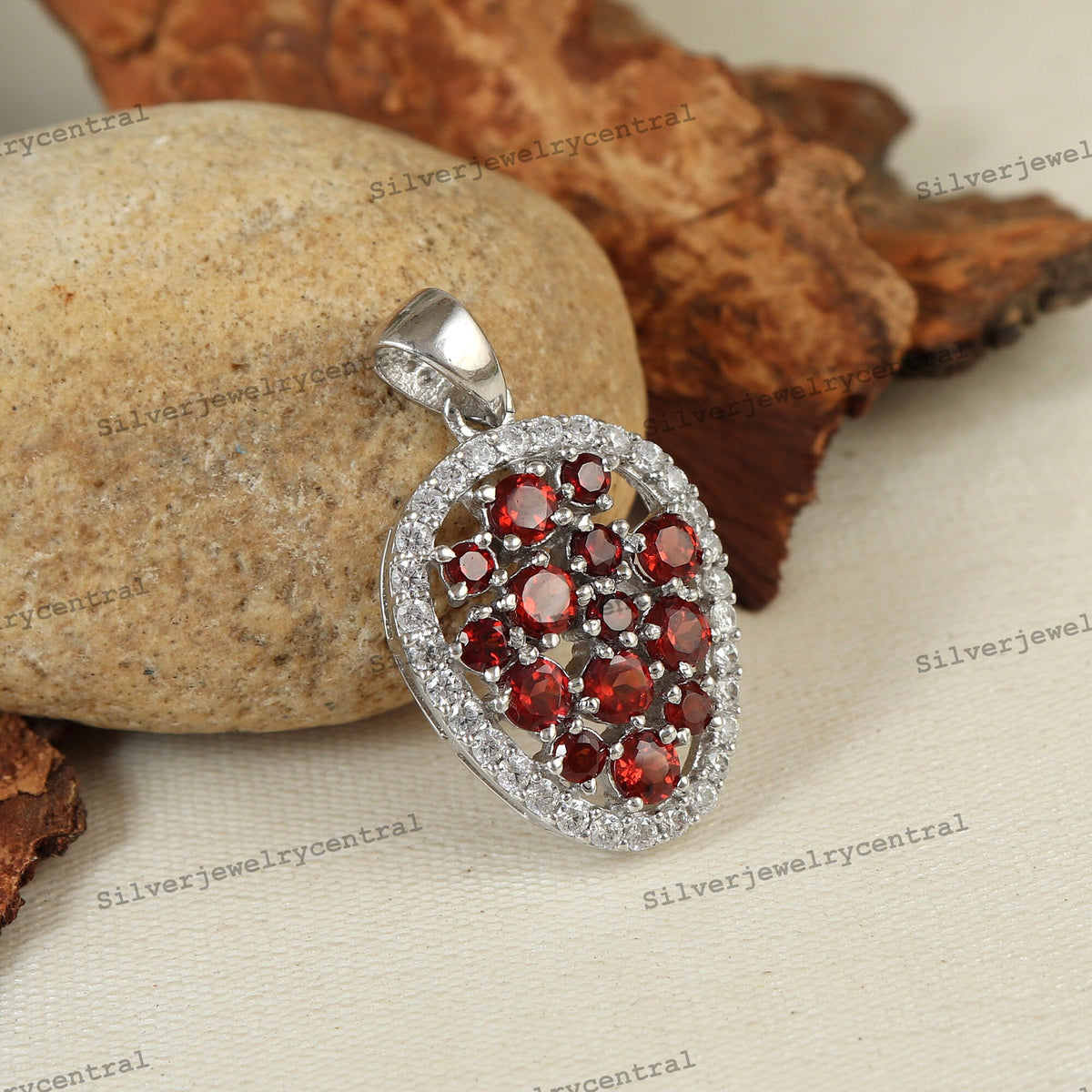 Garnet Cluster Pendant: 925 Sterling Silver January Birthstone Jewelry