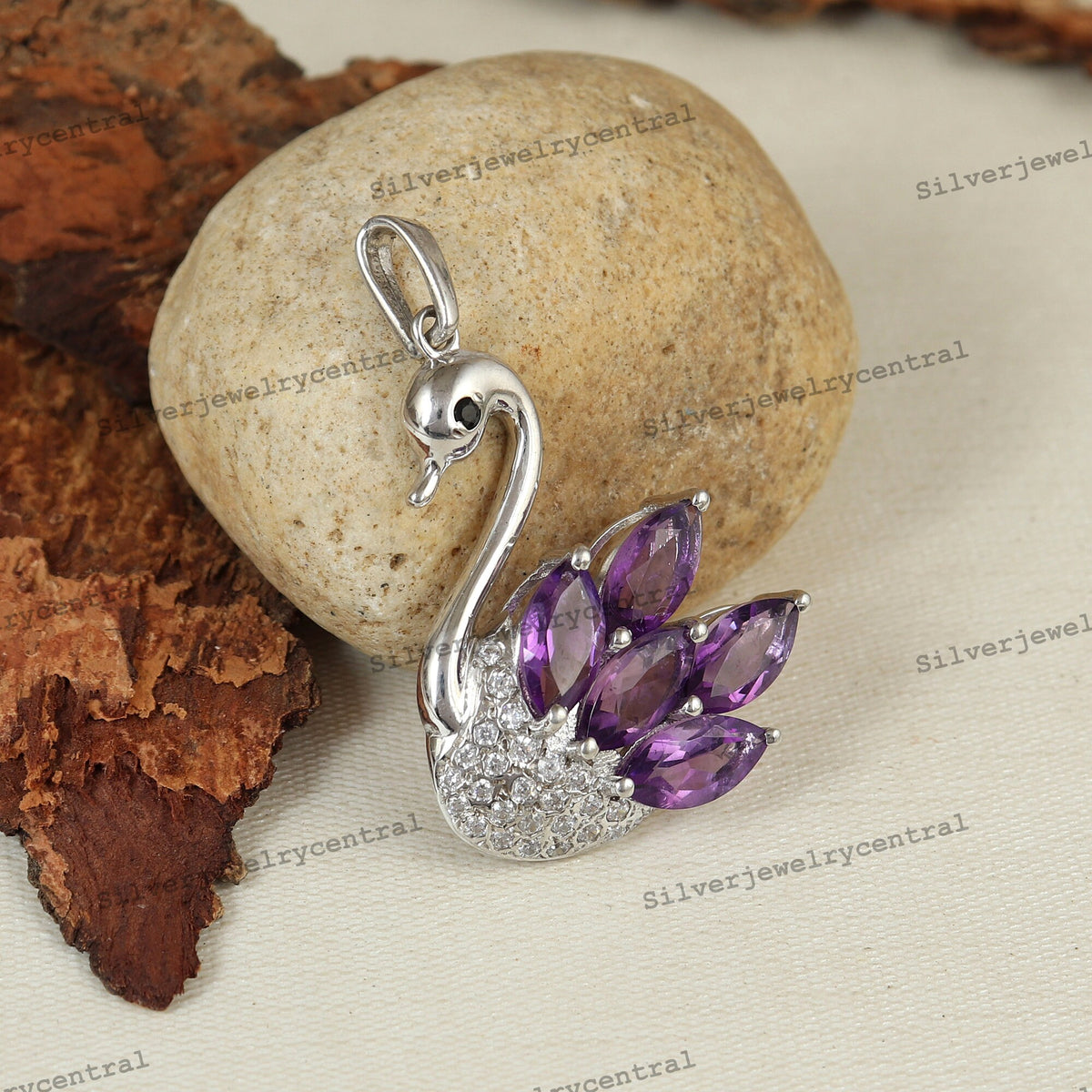 Natural Amethyst Gemstone Swan Pendant Marquise Cut February Birthstone Handmade Jewelry