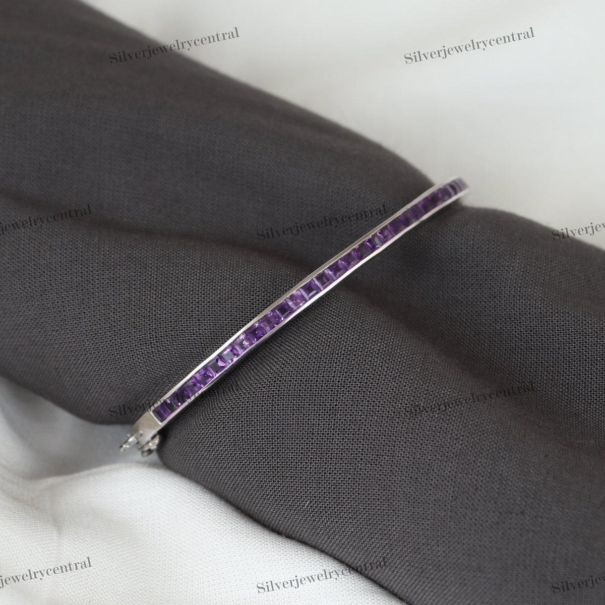 Sterling Silver Amethyst Bangle: Square Cut February Birthstone