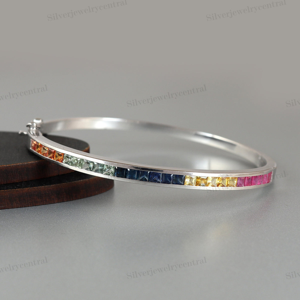 Multi Sapphire Bangle | 925 Sterling Silver Bracelet | Square Gemstone Jewelry