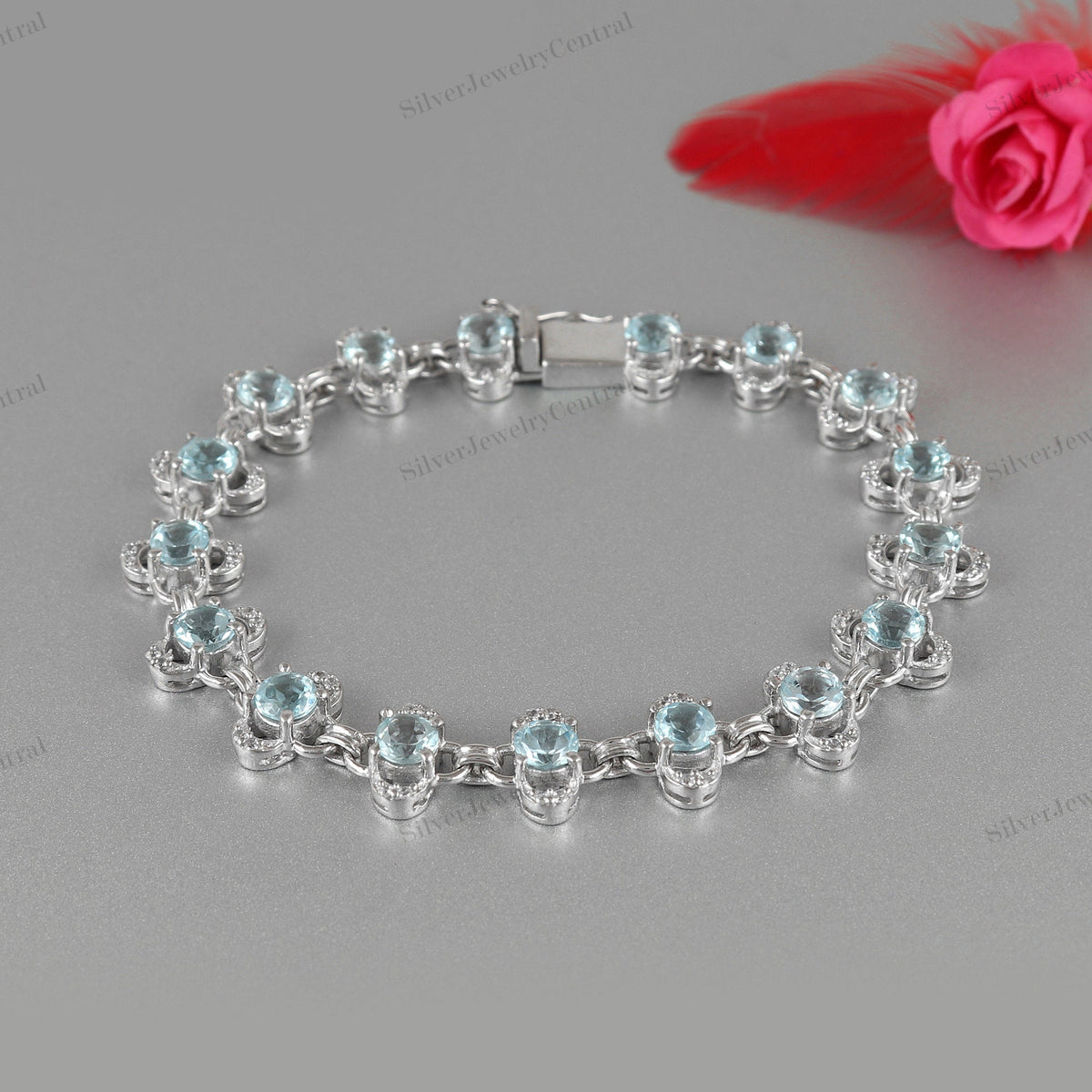Blue Topaz Gemstone Tennis Bracelet Sterling Silver Handmade Clover Design Jewelry Gifts For Her