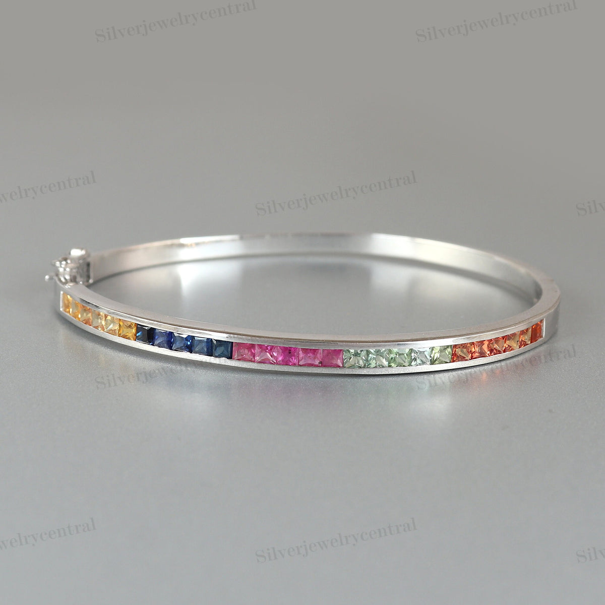 Natural Multi Sapphire Bangle-925 Sterling Silver Bangle-Square Cut Sapphire Bangle-September Birthstone-Stackable Bracelet-Gift for Wife