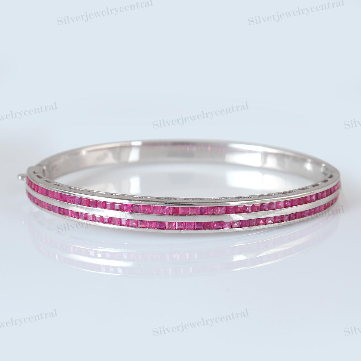 Natural Ruby Bangle, Sterling Silver, Square Cut Gemstone, July Birthstone, Stackable Bracelet