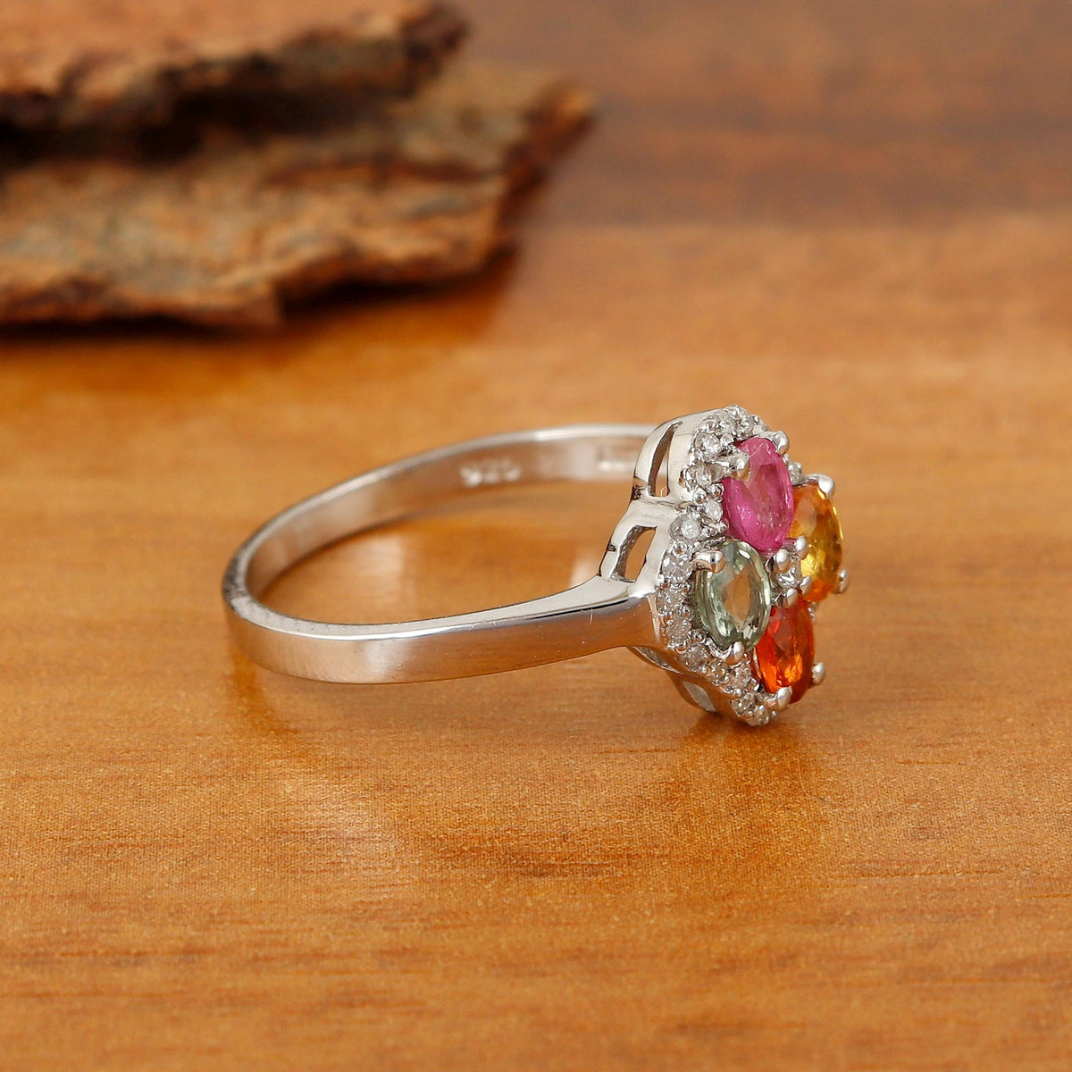 Multi Sapphire & Diamond Silver Ring, Statement Handmade Gemstone Jewelry