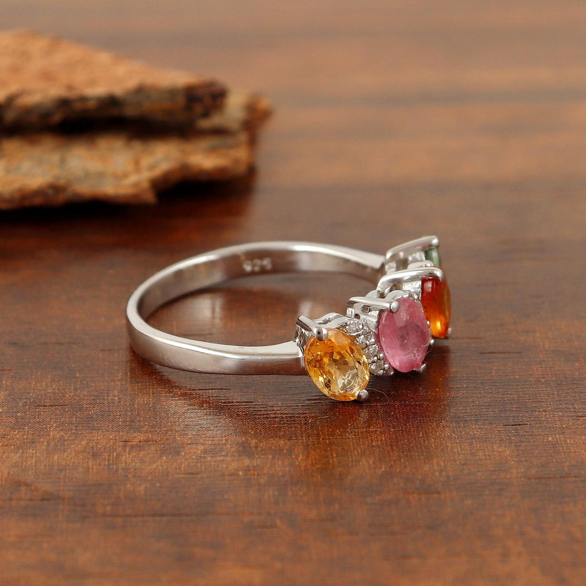 Multi Sapphire Anniversary Gift for Her, Diamond 925 Silver Delicate Handmade Ring