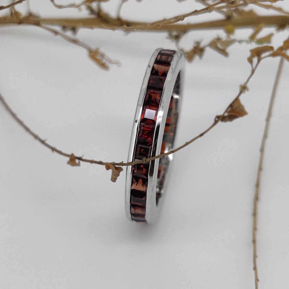 Square Garnet Eternity Band Ring: 925 Sterling Silver Anniversary Jewelry