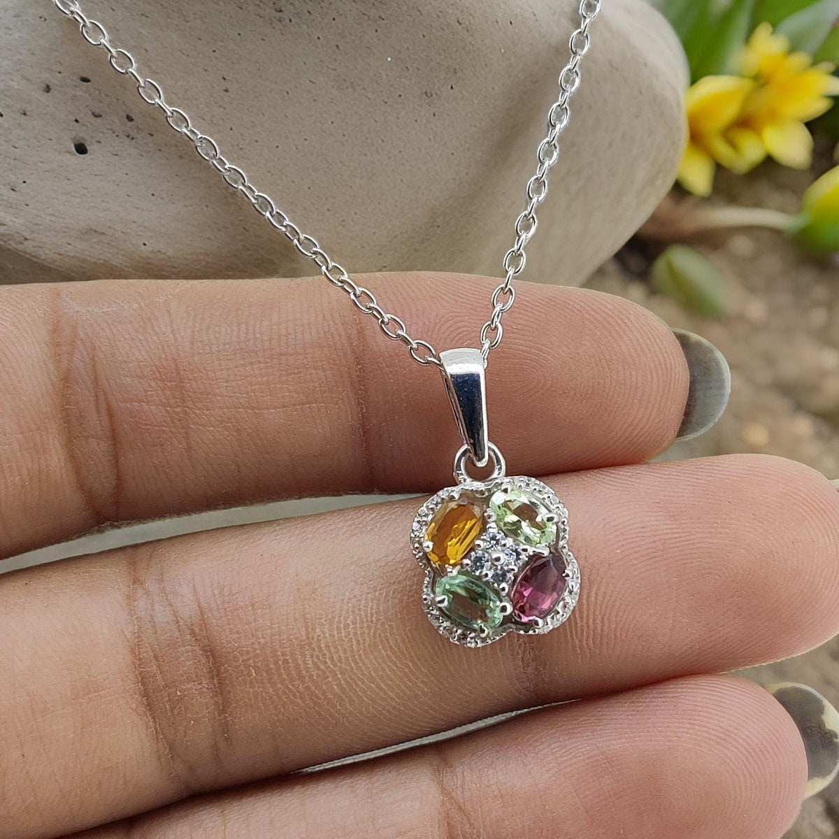 Minimalist Multi Tourmaline Sterling Silver Pendant: October Birthstone