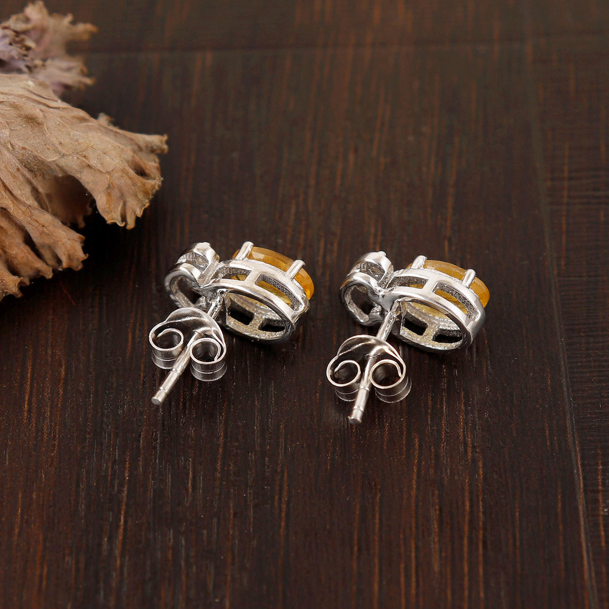 Yellow Sapphire Stud Earrings: Sterling Silver, CZ Accents, Handmade