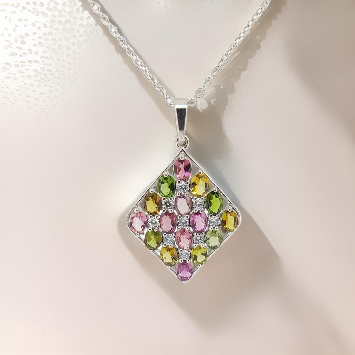 Multi Tourmaline Sterling Silver Pendant: Dainty Oval Gemstone