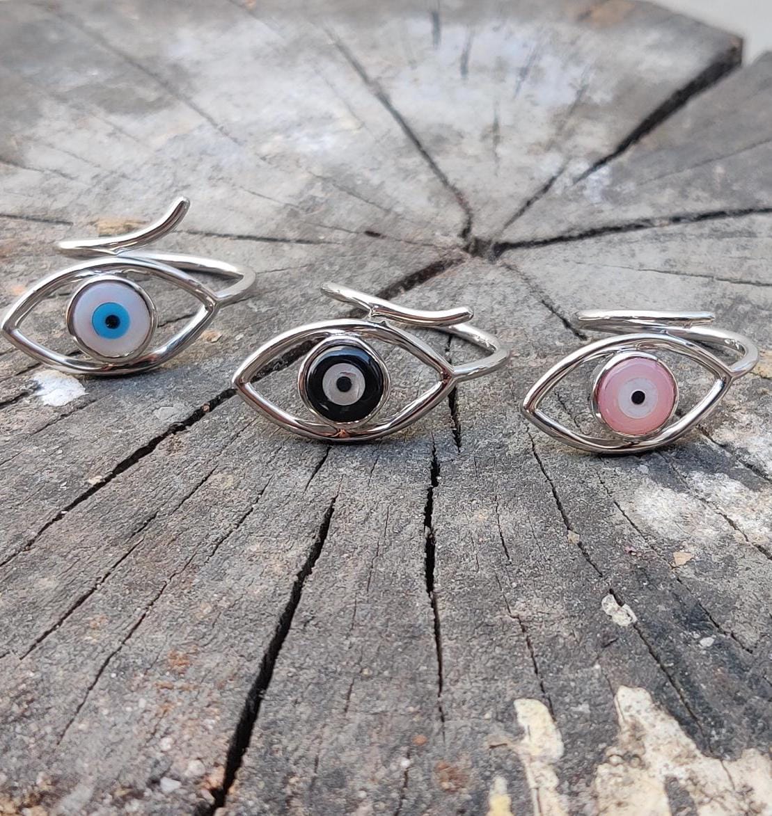 Evil Eye Ring: Adjustable 925 Sterling Silver, Enamel Detail