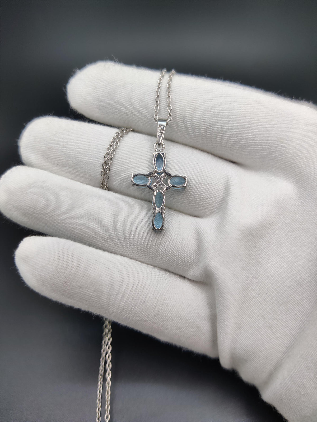Art Deco Swiss Blue Topaz Sterling Silver Cross Pendant - December Birthstone